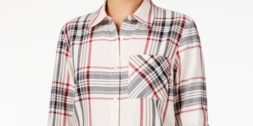 Camisa xadrez feminina Style &amp; Co com um bolso, creme/vinho, tamanho XX-grande