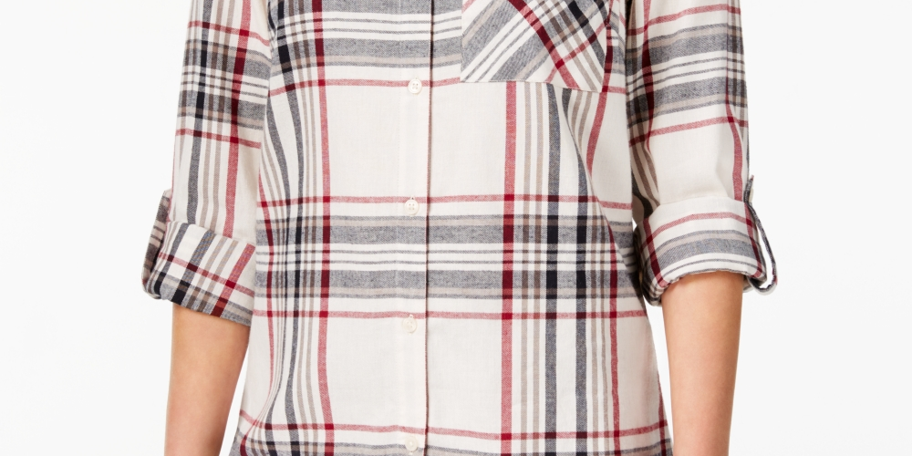 Camisa xadrez feminina Style &amp; Co com um bolso, creme/vinho, tamanho XX-grande