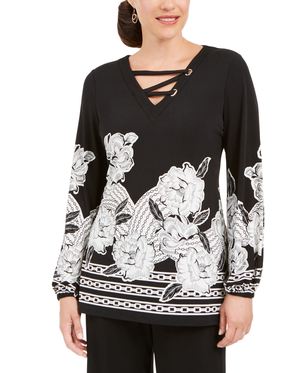 Top feminino com ilhós e renda, tamanho X-S, preto, da coleção JM