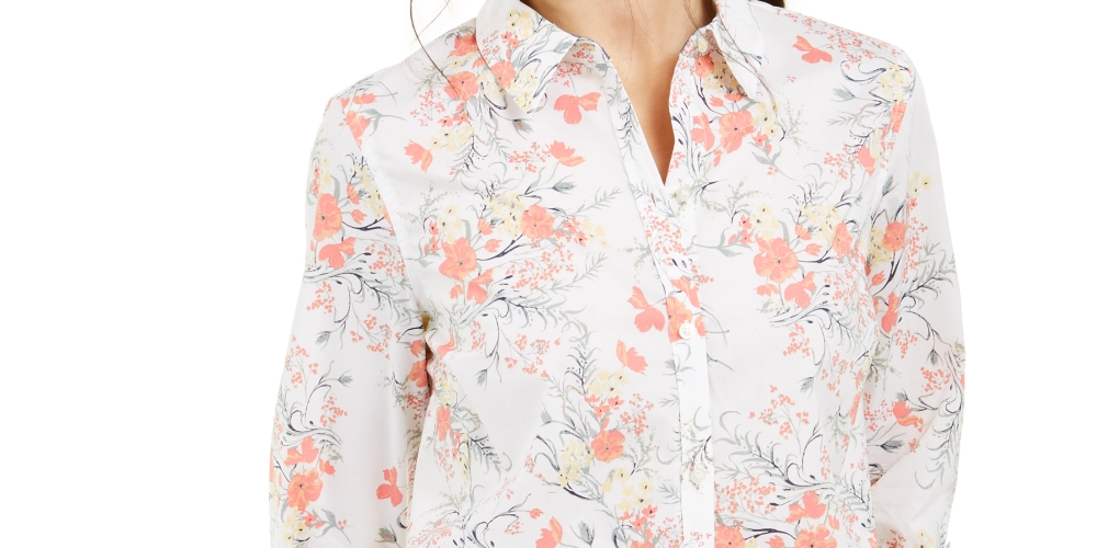 Camisa feminina de algodão com estampa floral Charter Club, branca, tamanho grande