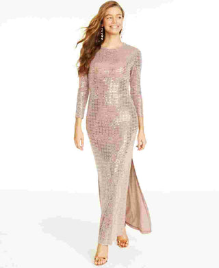 Vestido de malha com lantejoulas e manga comprida Morgan &amp; Co para mulheres, marrom, tamanho médio