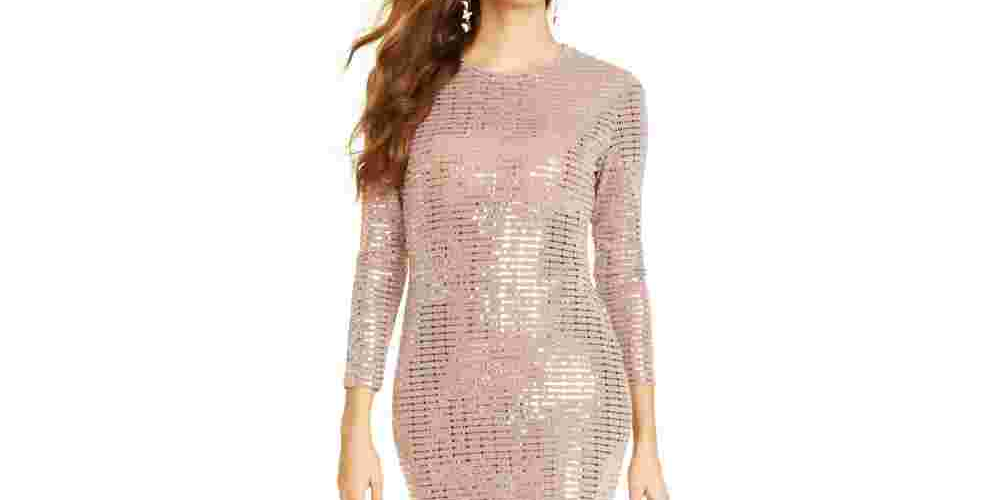 Vestido de malha com lantejoulas e manga comprida Morgan &amp; Co para mulheres, marrom, tamanho médio