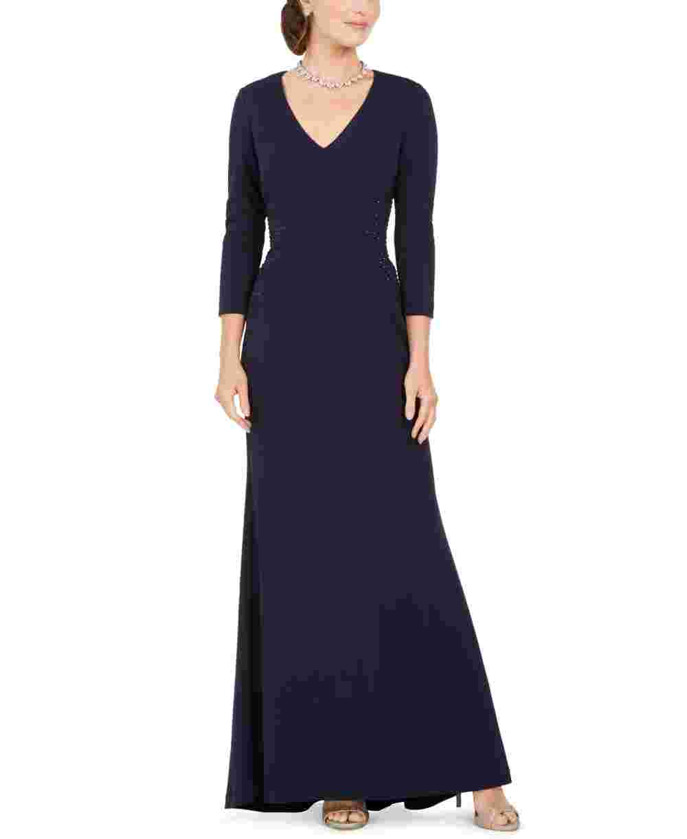 Vestido longo feminino Jessica Howard com decote em V e strass, azul, tamanho 12