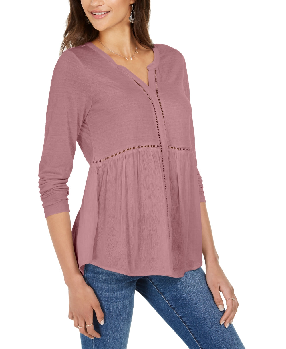 Blusa feminina estilo &amp; co, decote em V, tecido misto, rosa, tamanho médio