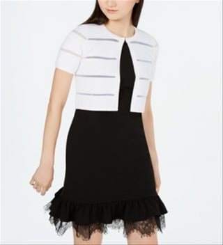 Calvin Klein Cardigan Feminino Canelado Manga Curta Aberto Branco Tamanho Médio