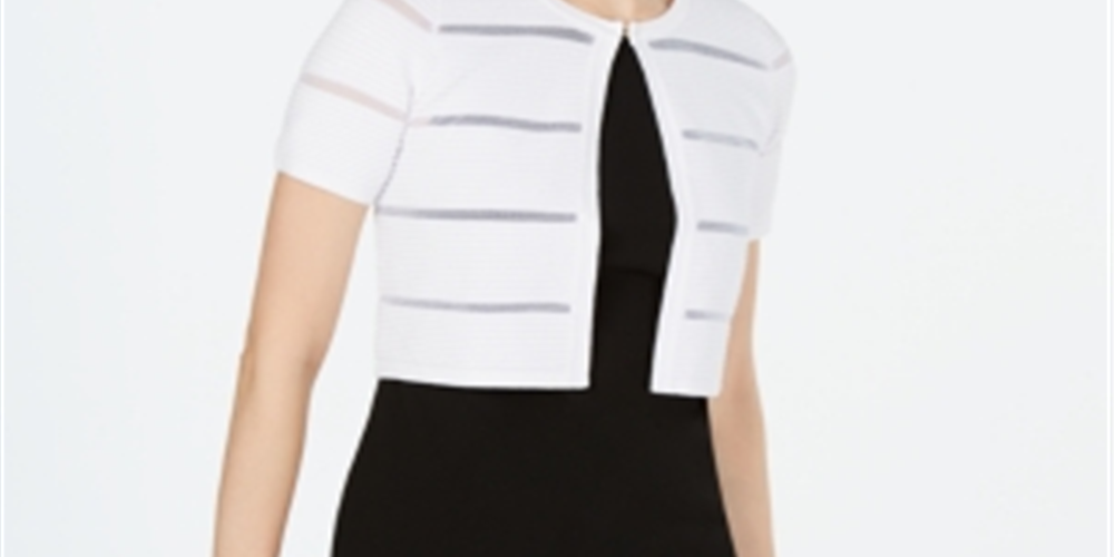 Calvin Klein Cardigan Feminino Canelado Manga Curta Aberto Branco Tamanho Médio