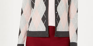 Cardigan feminino de malha argyle Charter Club, cinza, tamanho grande