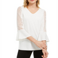 Blusa de malha feminina Kasper com manga de crochê e decote em V, branca, tamanho M