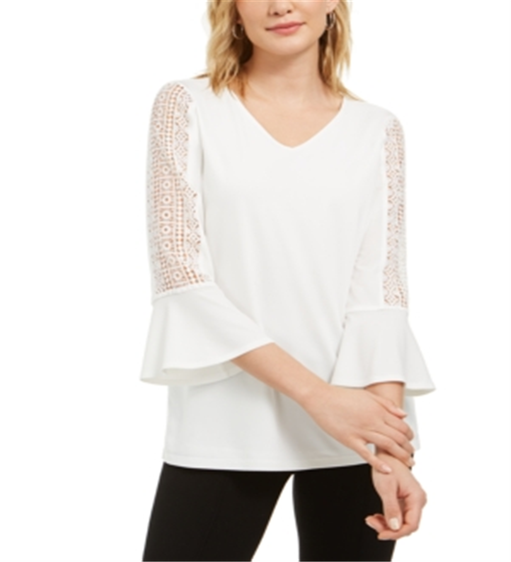 Blusa de malha feminina Kasper com manga de crochê e decote em V, branca, tamanho M