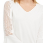 Blusa de malha feminina Kasper com manga de crochê e decote em V, branca, tamanho M