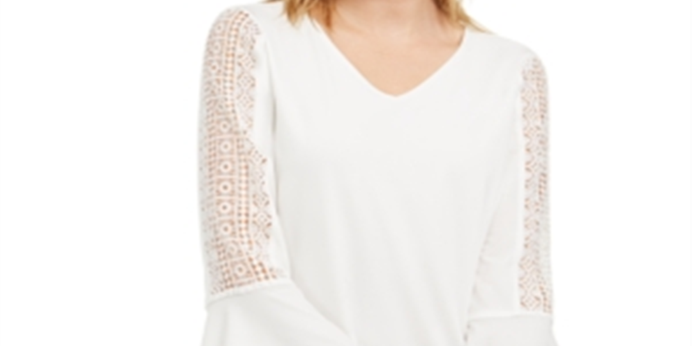 Blusa de malha feminina Kasper com manga de crochê e decote em V, branca, tamanho M