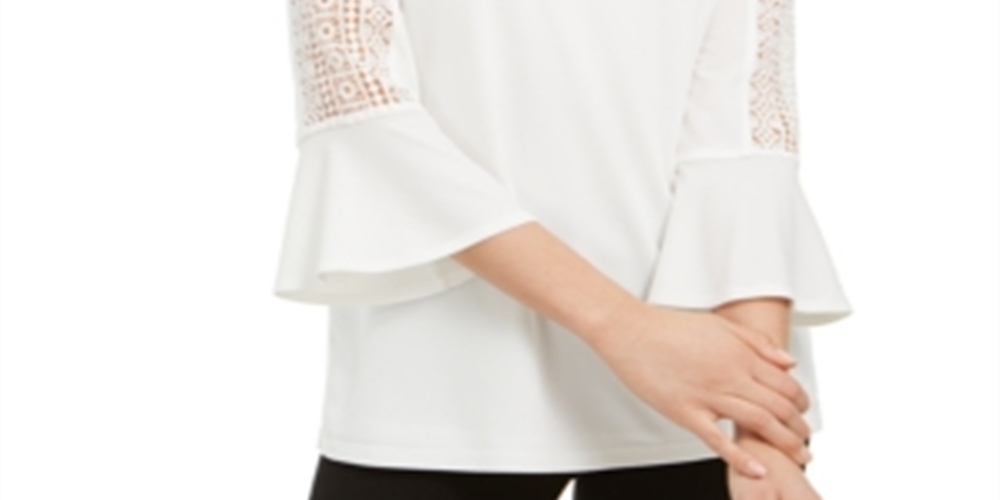 Blusa de malha feminina Kasper com manga de crochê e decote em V, branca, tamanho M