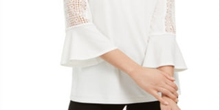 Blusa de malha feminina Kasper com manga de crochê e decote em V, branca, tamanho M
