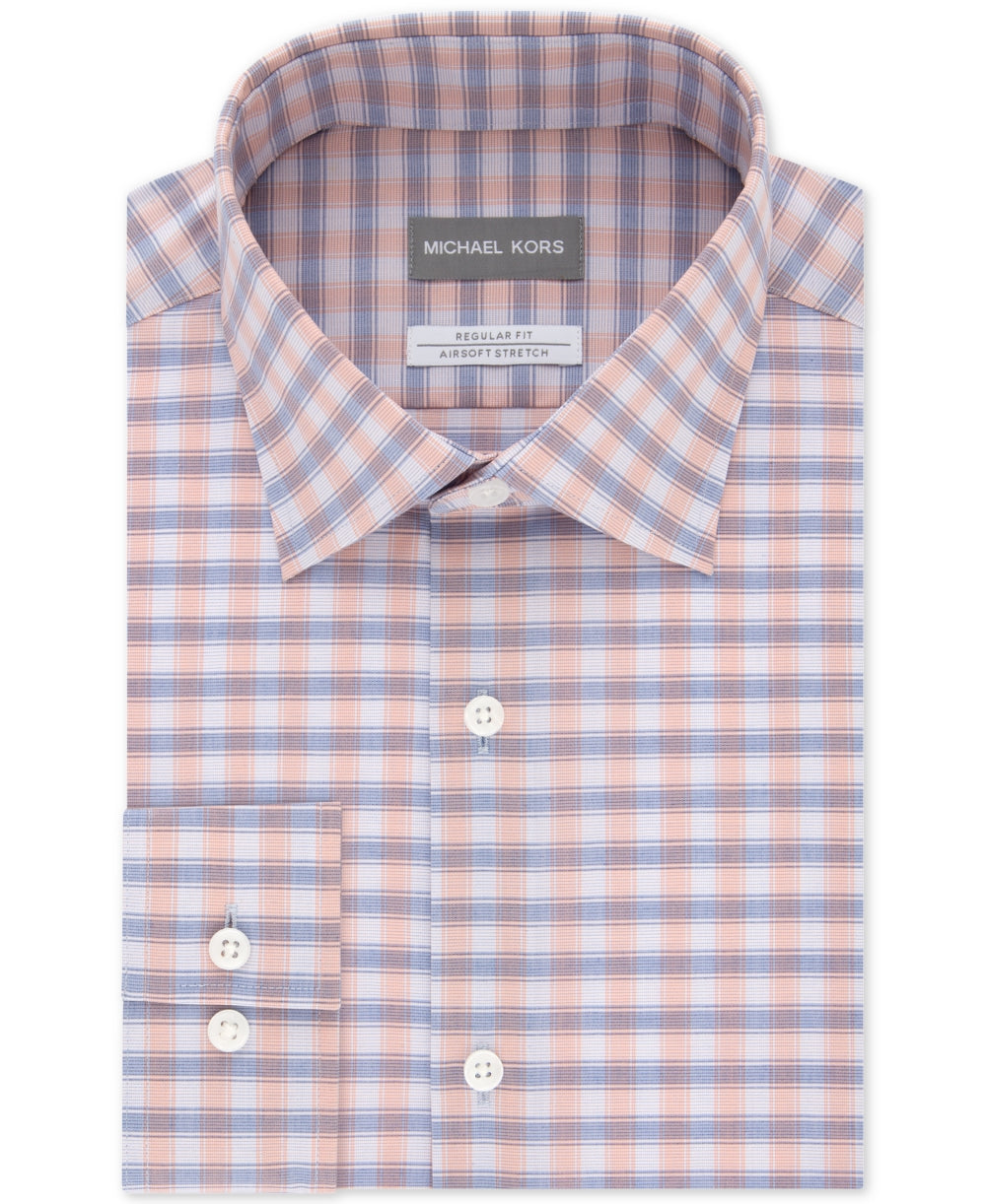 Camisa masculina Michael Kors com estampa xadrez e manga comprida, rosa/roxa, tamanho 17/32-33
