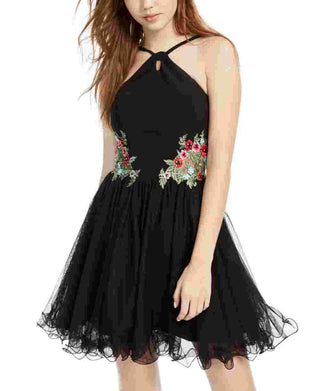Blondie Women's Embroidered Zippered Floral Sleeveless Halter Short Fit Flare Party Dress Black Size 1