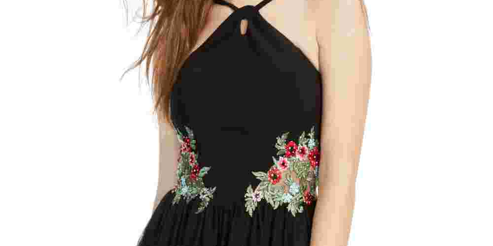 Vestido de festa curto com zíper floral bordado e sem mangas Blondie feminino, tamanho 1, preto