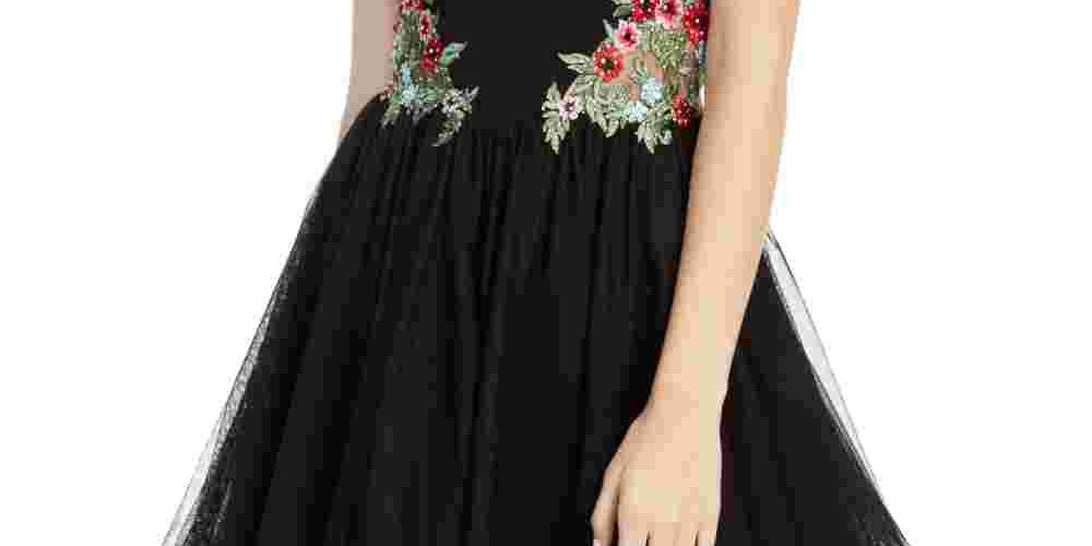 Vestido de festa curto com zíper floral bordado e sem mangas Blondie feminino, tamanho 1, preto