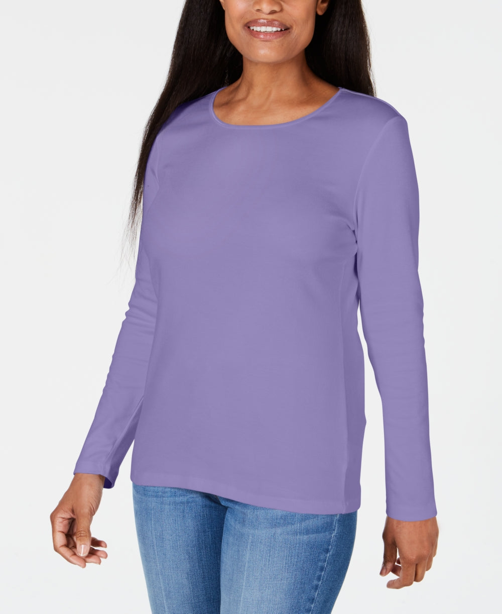 Blusa feminina Karen Scott com decote redondo e acabamento em cetim, roxa, tamanho médio