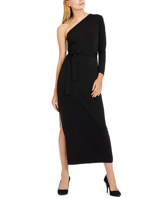 Vestido longo feminino INC International Concepts com cinto e um ombro, preto, tamanho pequeno GG