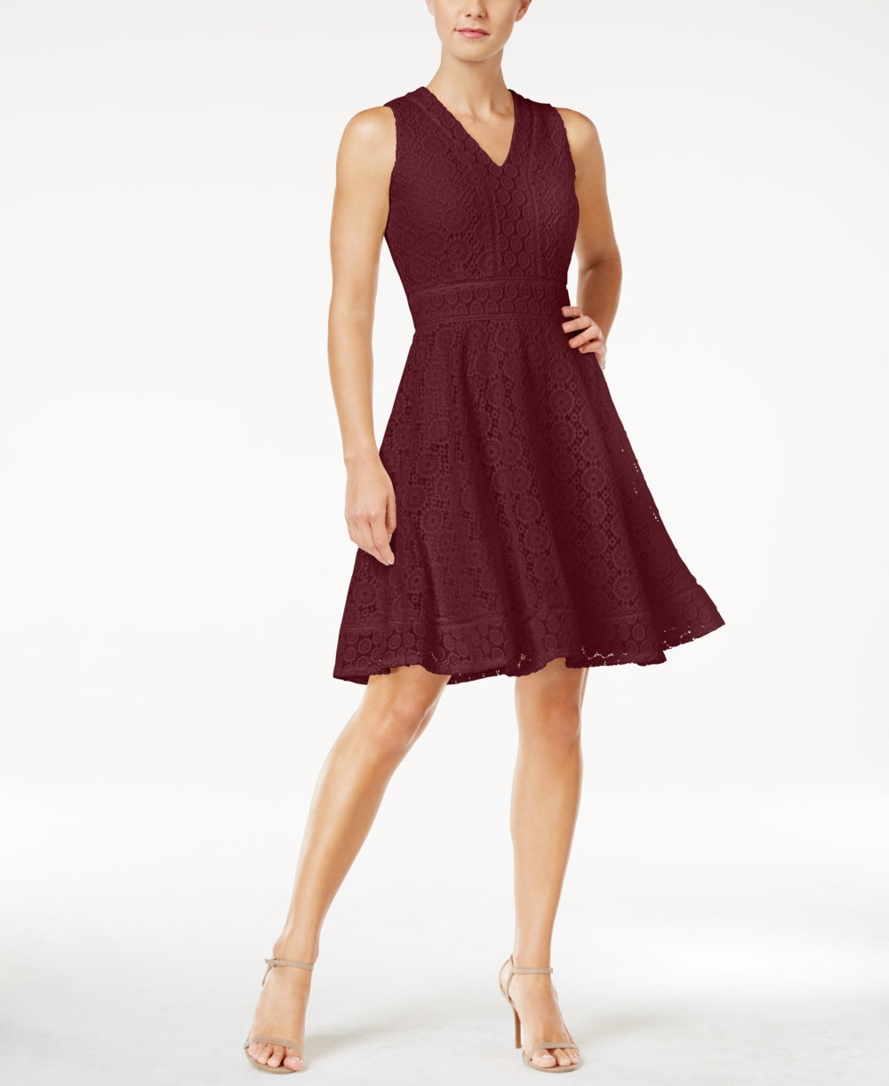 Vestido feminino Charter Club com ajuste evasê e renda, vermelho, tamanho X-S