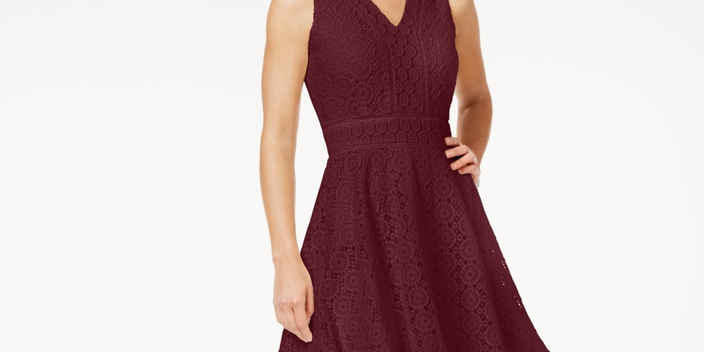 Vestido feminino Charter Club com ajuste evasê e renda, vermelho, tamanho X-S