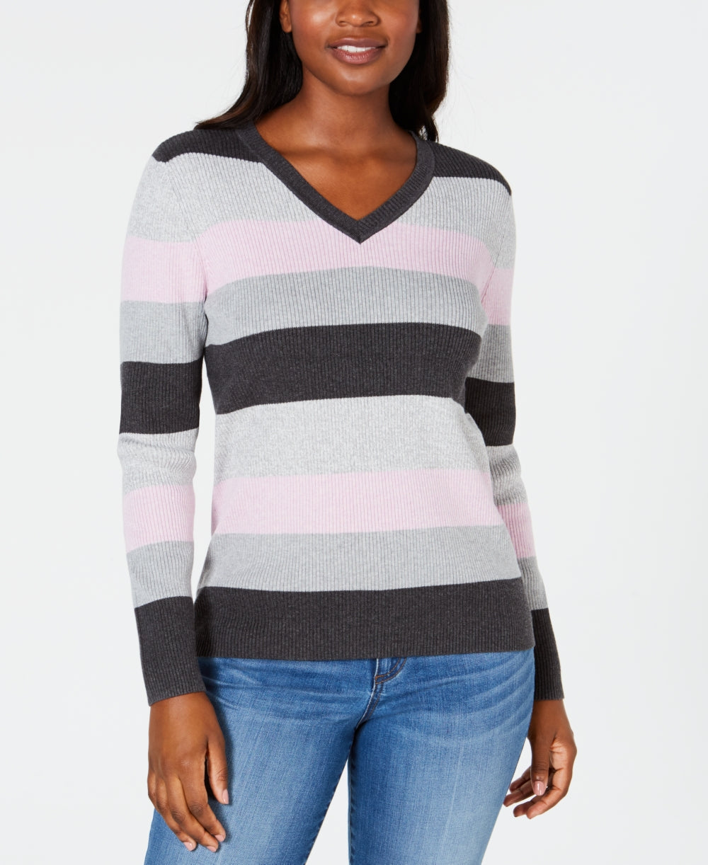 Karen Scott Suéter Feminino de Algodão com Decote em V e Blocos de Cores Cinza/Rosa Tamanho XS