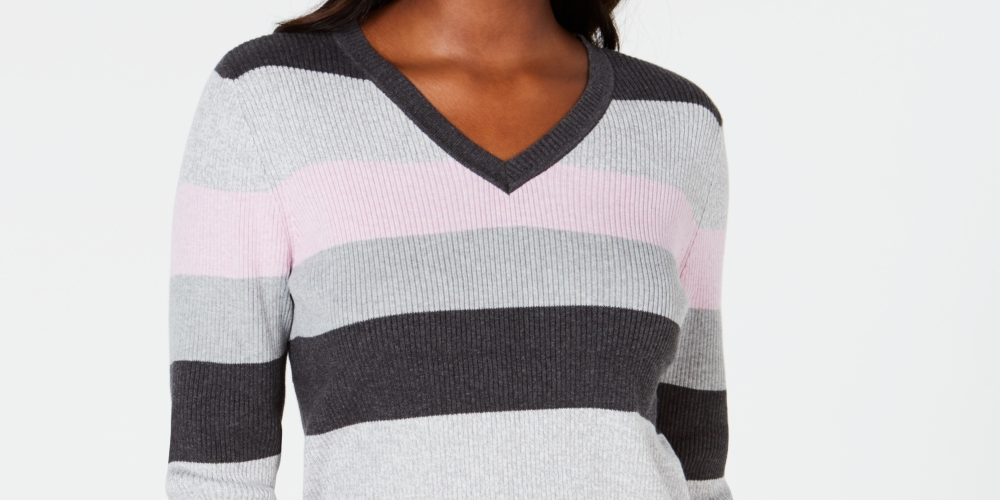Karen Scott Suéter Feminino de Algodão com Decote em V e Blocos de Cores Cinza/Rosa Tamanho XS