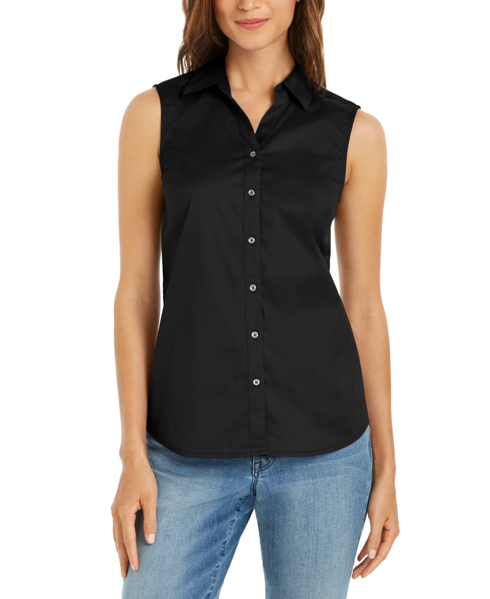 Blusa feminina Charter Club com botões frontais, preta, tamanho 12