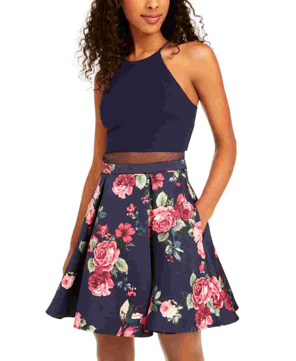 Vestido feminino B Darlin, linha A, plissado, floral, ilusão, azul, tamanho 9