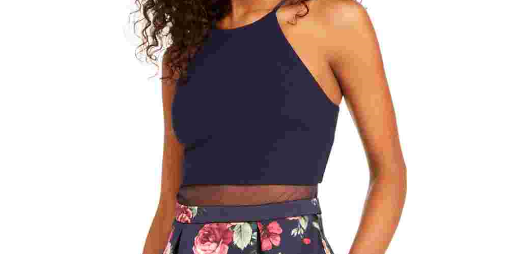 Vestido feminino B Darlin, linha A, plissado, floral, ilusão, azul, tamanho 9