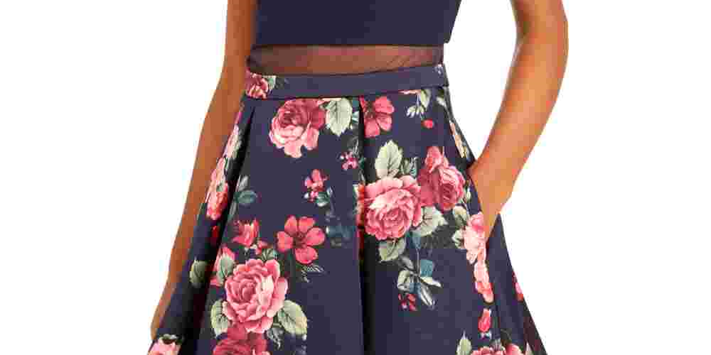 Vestido feminino B Darlin, linha A, plissado, floral, ilusão, azul, tamanho 9