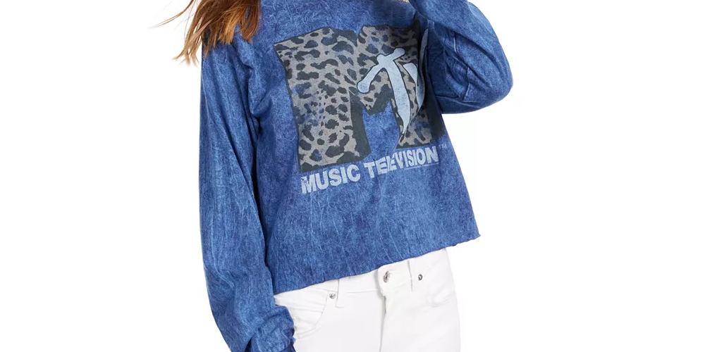 Camiseta feminina vintage de algodão com estampa gráfica MTV, azul, tamanho pequeno