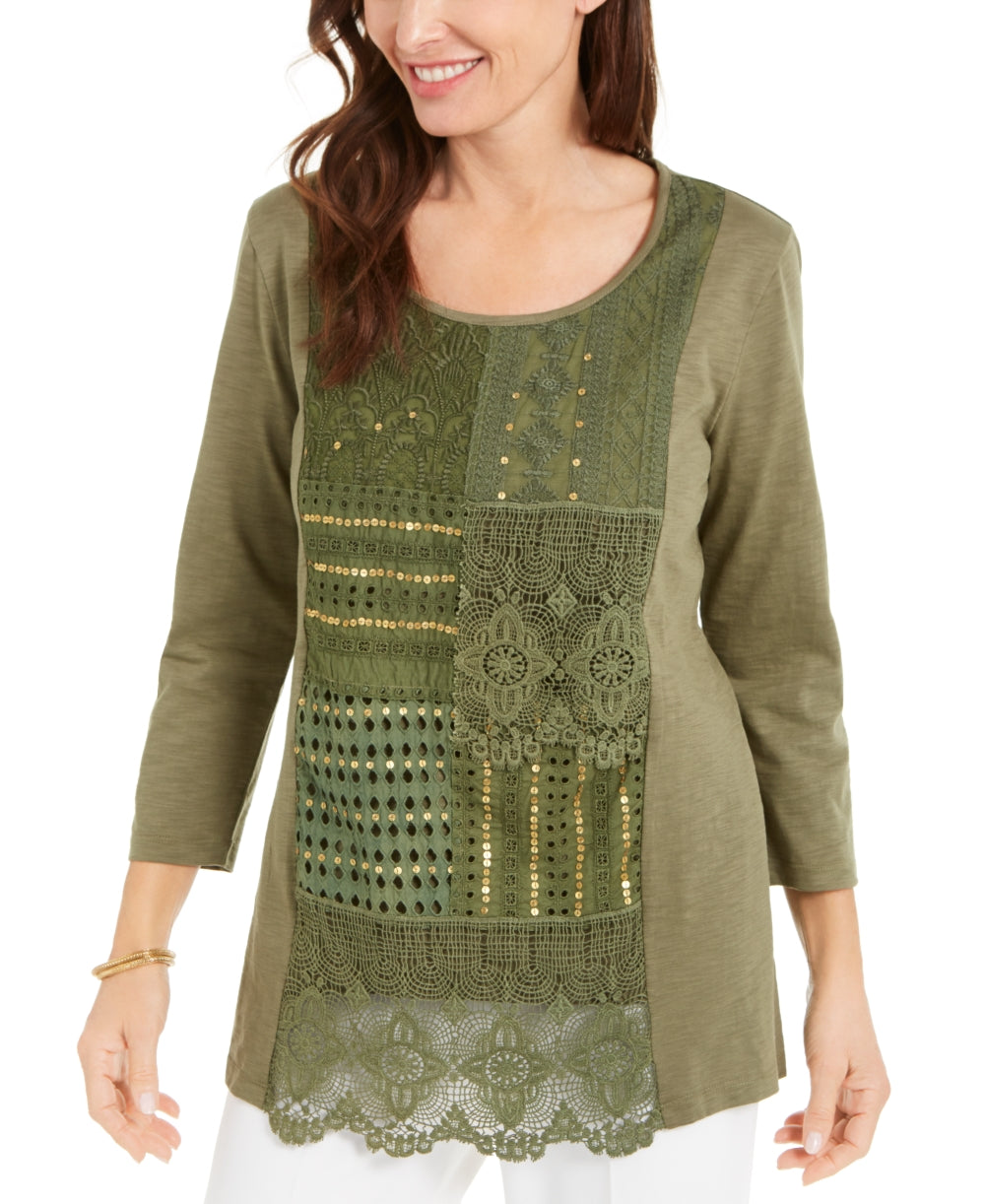 JM Collection Blusa feminina de algodão crochê patchwork verde tamanho X-S