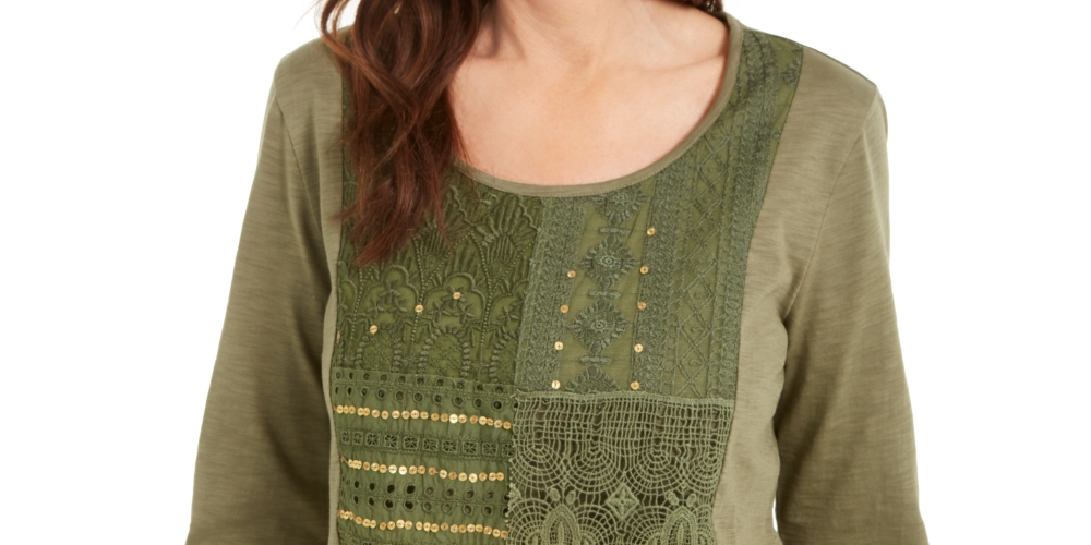 JM Collection Blusa feminina de algodão crochê patchwork verde tamanho X-S