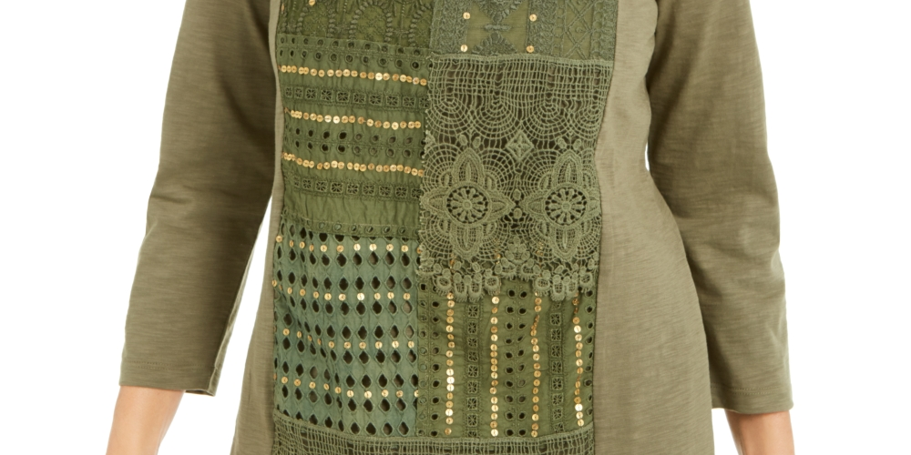 JM Collection Blusa feminina de algodão crochê patchwork verde tamanho X-S