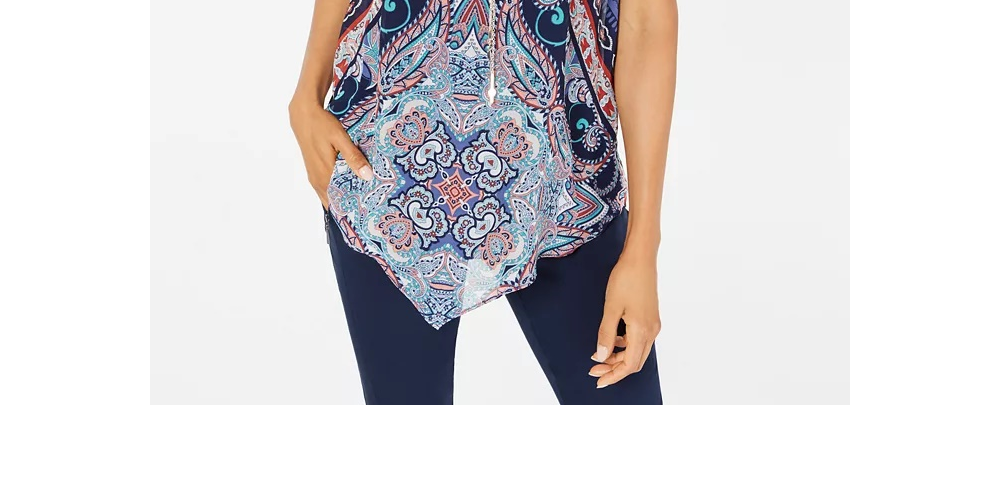 Top estampado com bainha pontuda feminino JM Collection, azul, tamanho pequeno e pequeno