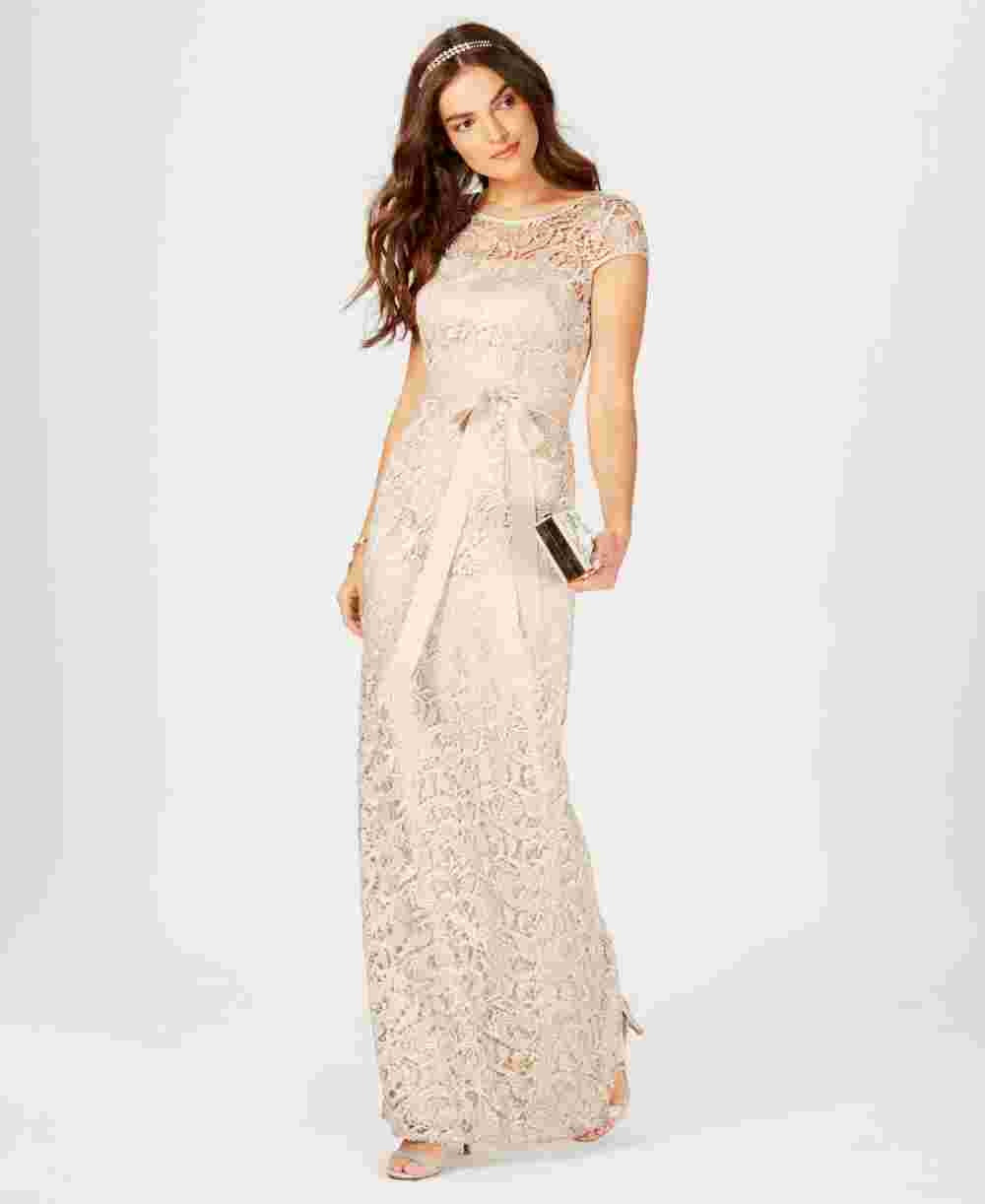 Vestido de festa feminino Adrianna Papell com manga curta e renda ilusão, bege, tamanho 4