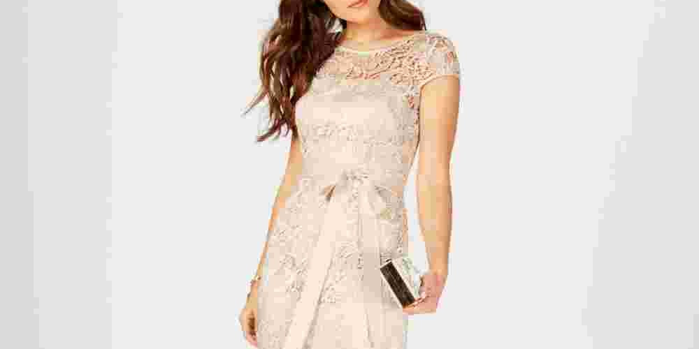 Vestido de festa feminino Adrianna Papell com manga curta e renda ilusão, bege, tamanho 4