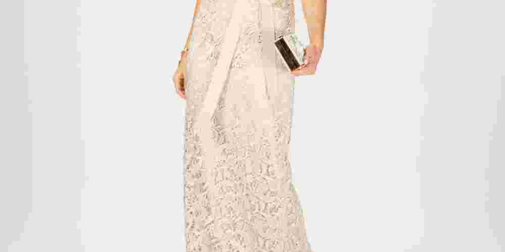 Vestido de festa feminino Adrianna Papell com manga curta e renda ilusão, bege, tamanho 4