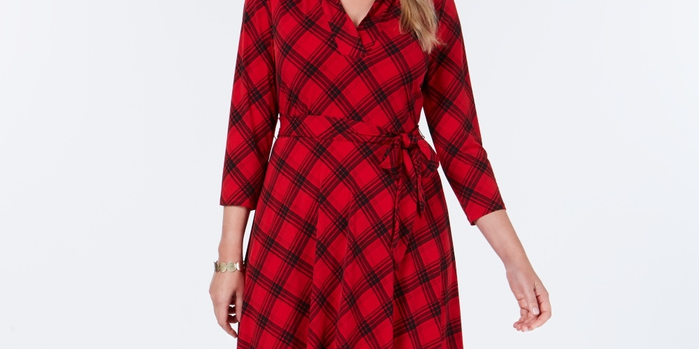 Vestido feminino xadrez com decote em V, tamanho XS, vermelho, Charter Club