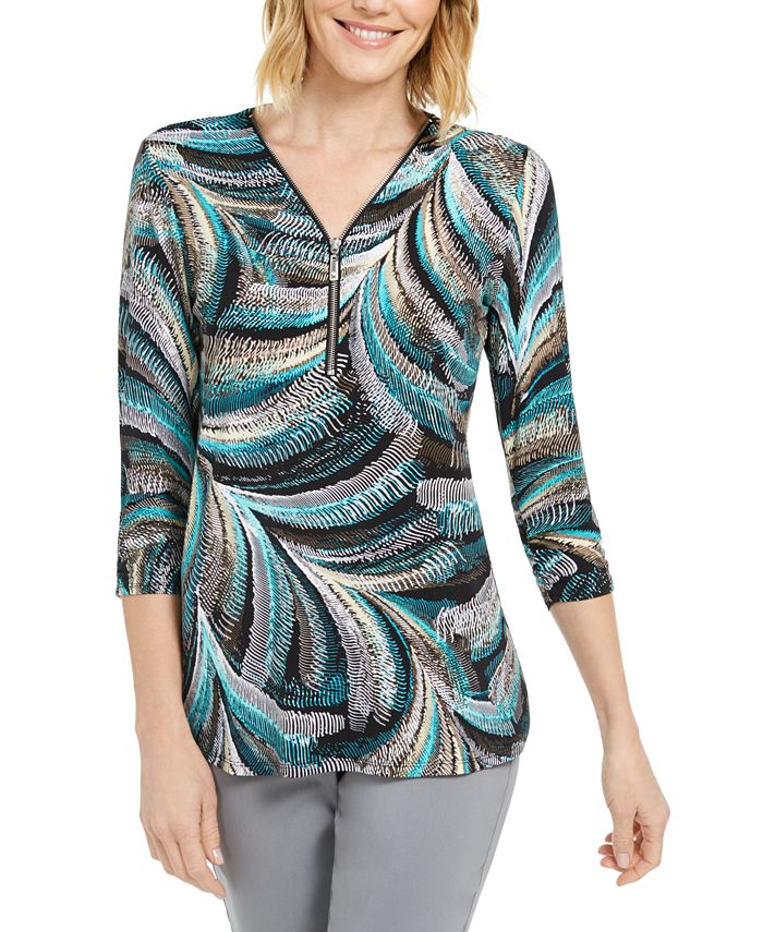 Túnica texturizada feminina com decote em zíper e manga comprida, preta, tamanho XS