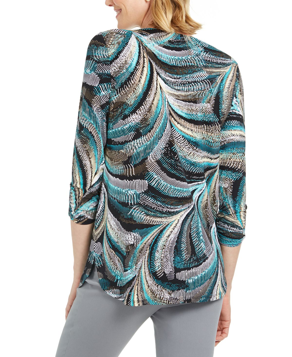 Túnica texturizada feminina com decote em zíper e manga comprida, preta, tamanho XS