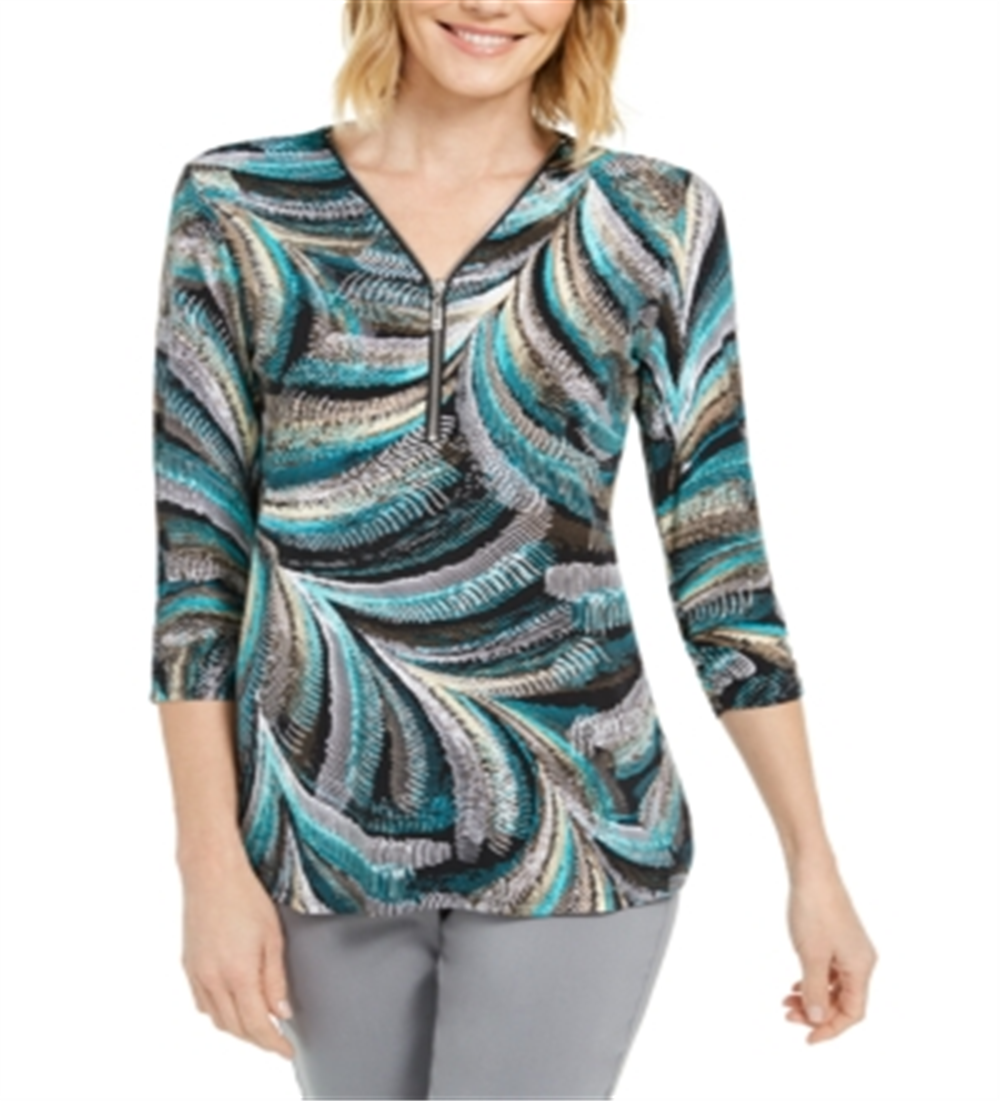 Túnica texturizada feminina com decote em zíper e manga comprida, preta, tamanho XS