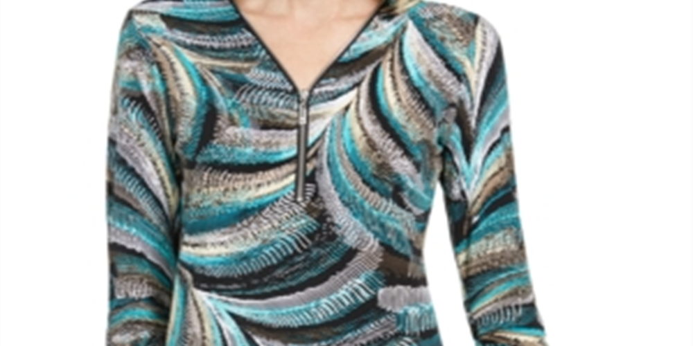 Túnica texturizada feminina com decote em zíper e manga comprida, preta, tamanho XS