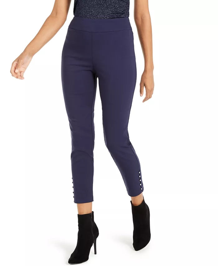 Calça cropped feminina Thalia Sodi com botões e bainha azul, tamanho X-S