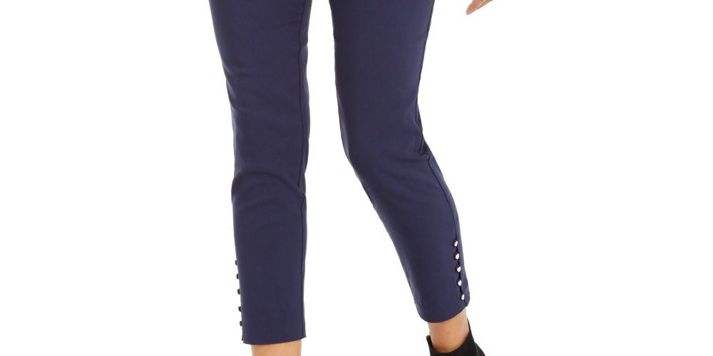Calça cropped feminina Thalia Sodi com botões e bainha azul, tamanho X-S