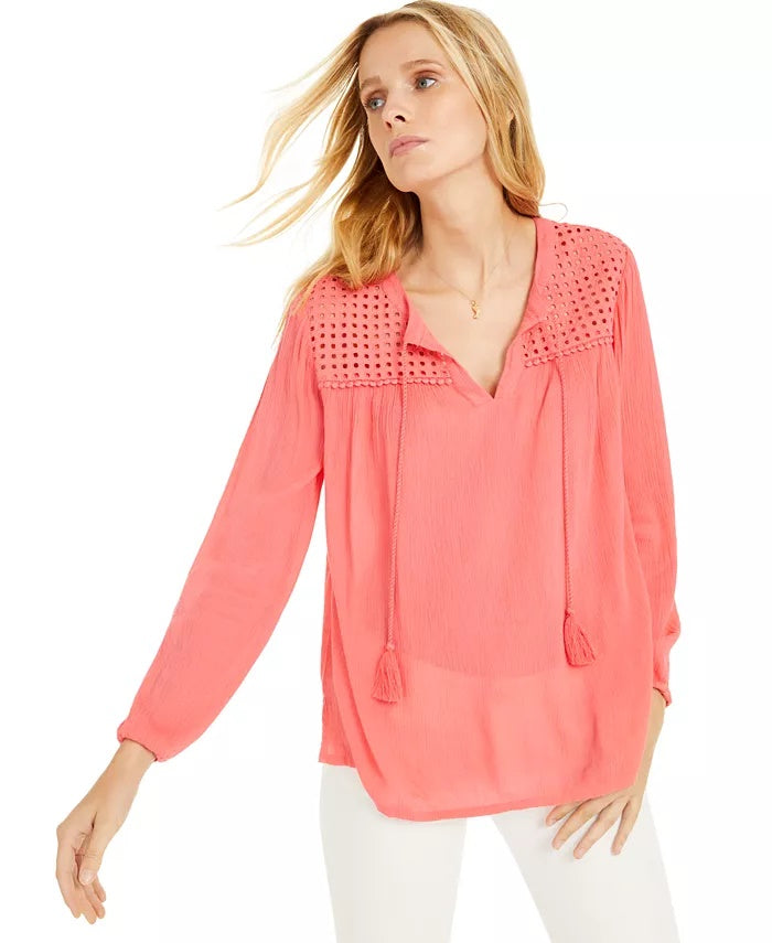 Charter Club Blusa de linho feminina com ilhós e gravata borla - Coral, tamanho médio