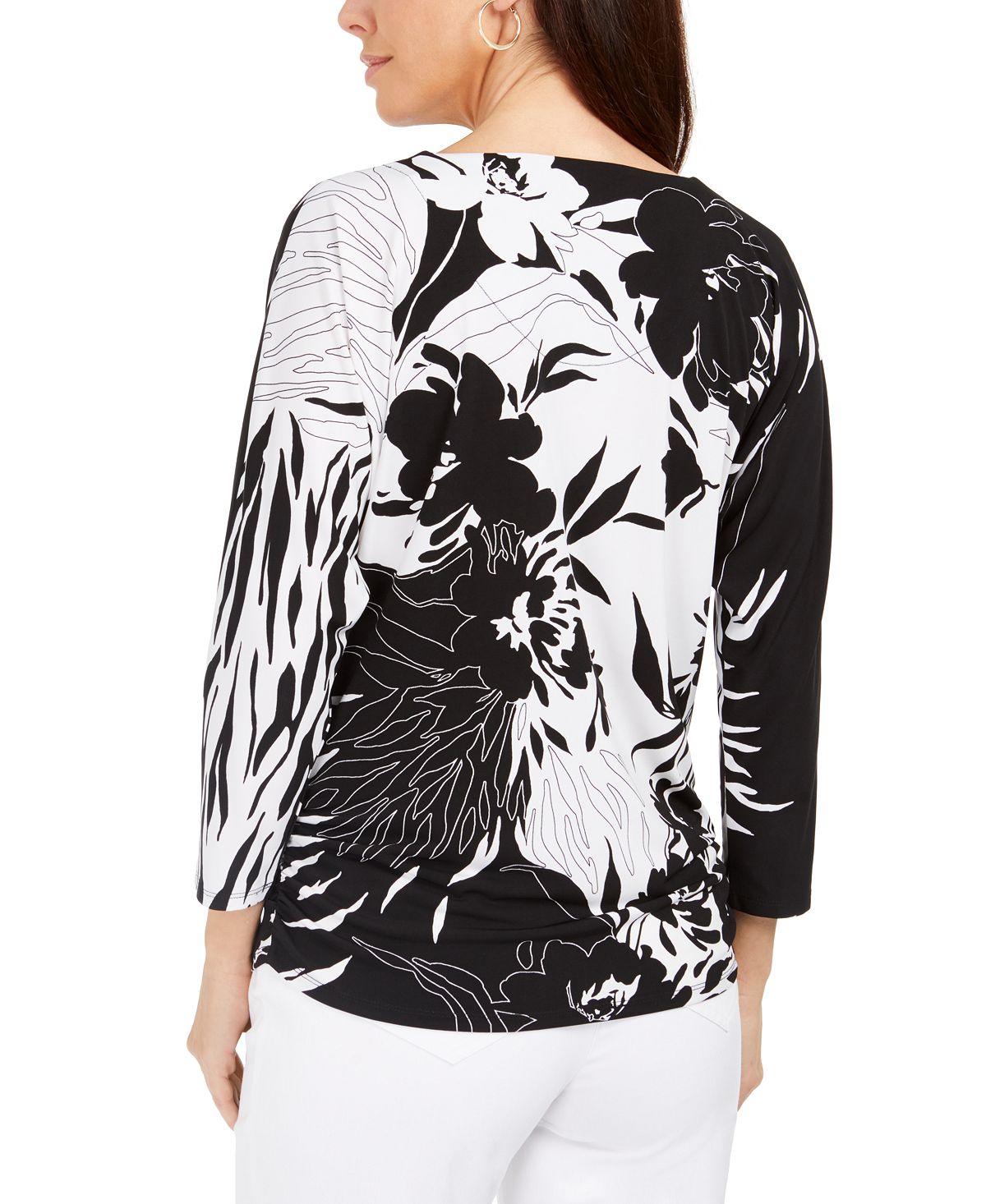 Túnica feminina estampada com manga dolman da coleção JM, preta, tamanho G