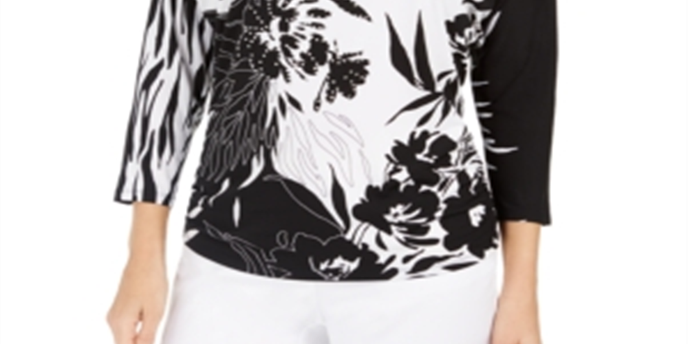 Túnica feminina estampada com manga dolman da coleção JM, preta, tamanho G