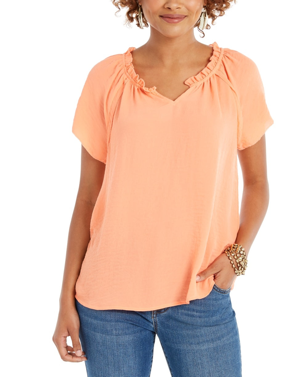 Blusa feminina com babados e mangas bufantes, estilo &amp; co, laranja, tamanho pequeno médio